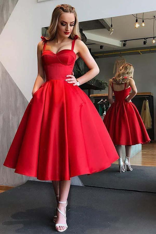 A-Line Straps Mid-Calf Satin Homecoming Dress with Pockets