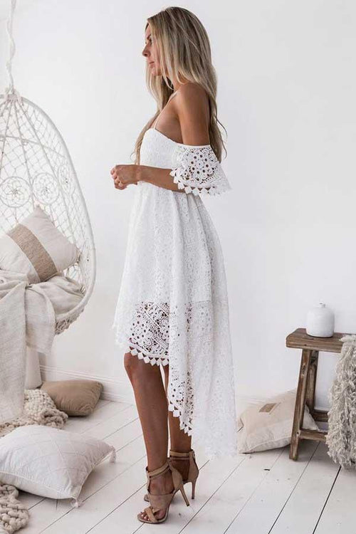 A-Line Straps Off-the-shoulder High Low Lace Homecoming Dress