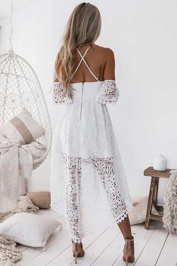 A-Line Straps Off-the-shoulder High Low Lace Homecoming Dress
