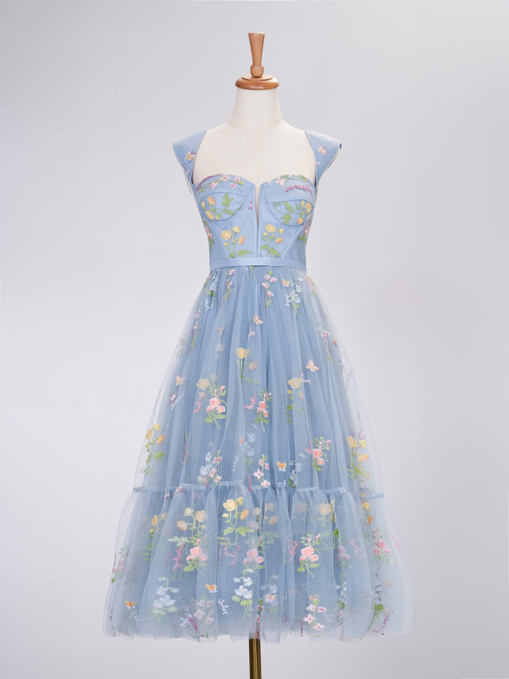 Langes, bodenblaues A-Linien-Abendkleid mit Herzausschnitt und Stickerei
