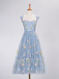 Langes, bodenblaues A-Linien-Abendkleid mit Herzausschnitt und Stickerei
