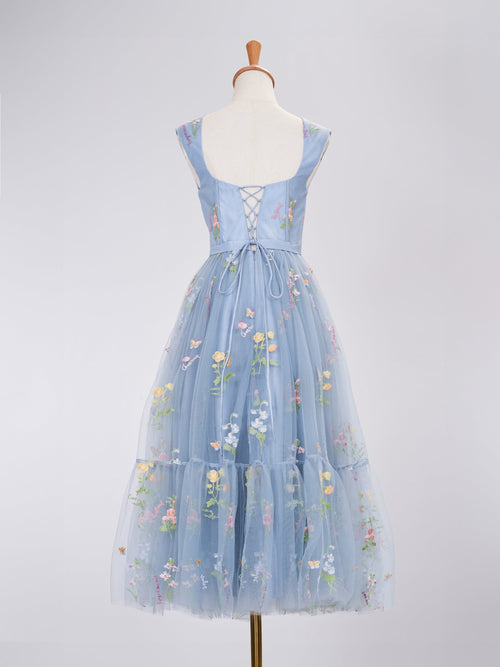 A Line Sweetheart Dusty Blue Long Prom Dress with Embroidery