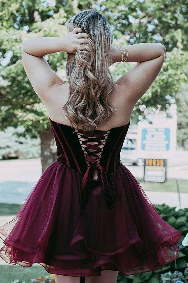 A-Linie Neckholder Kurz Burgund Organza Homecoming Partykleid