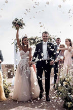 A-Line Sweetheart Sleeveless Sweep Train Tulle Wedding Dress