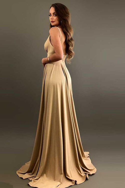 A-Line V-Neck  Elastic Satin Bridesmaid Dress with Split