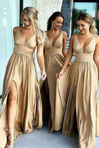 Vestido de dama de honor de satén elástico con escote en V y corte A con abertura