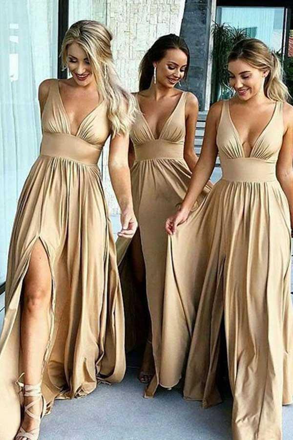 A-Linien-Brautjungfernkleid aus Satin mit V-Ausschnitt, elastischem Bund und Schlitz