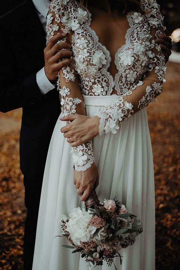 Vestido de novia de chifón largo hasta el suelo con cuello en V y corte en A con apliques de flores