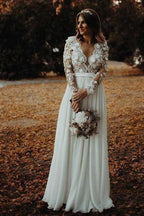 Vestido de novia de chifón largo hasta el suelo con cuello en V y corte en A con apliques de flores