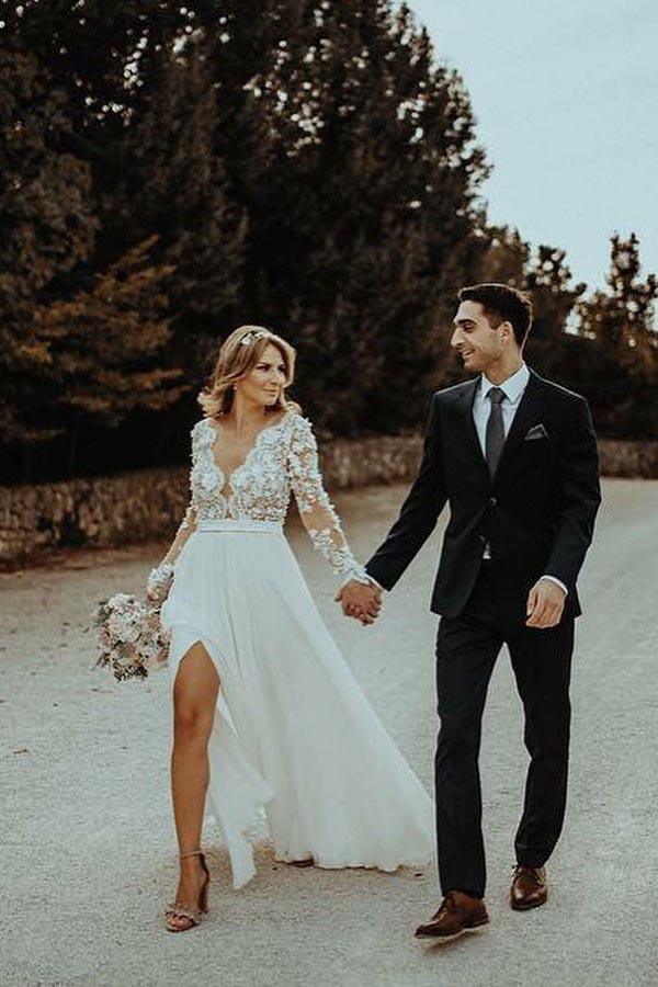 Vestido de novia de chifón largo hasta el suelo con cuello en V y corte en A con apliques de flores