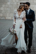 Vestido de novia de chifón largo hasta el suelo con cuello en V y corte en A con apliques de flores