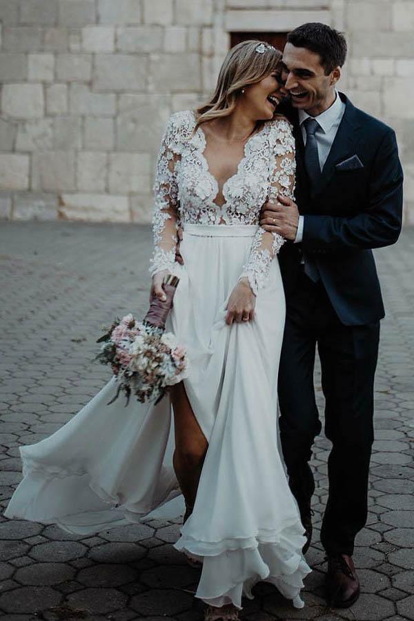 Vestido de novia de chifón largo hasta el suelo con cuello en V y corte en A con apliques de flores