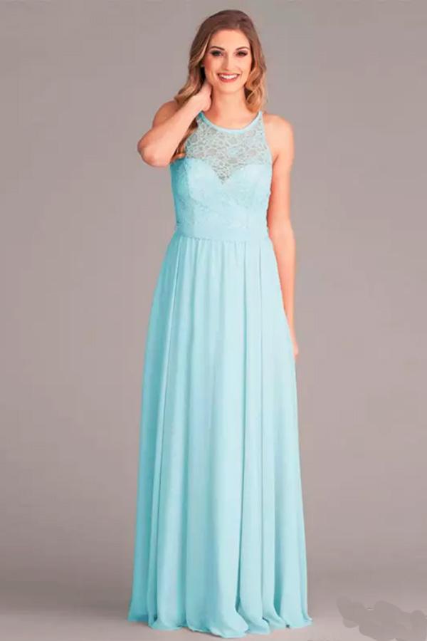 Vestido de dama de honor de gasa color menta con escote en V y encaje, largo hasta el suelo