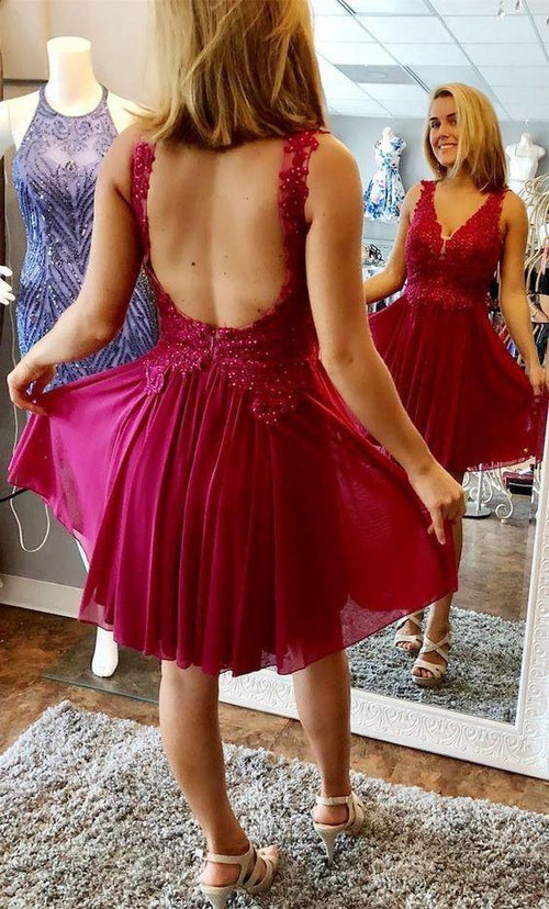 A-line V-neck Homecoming Dress  Backless Short Prom Dress