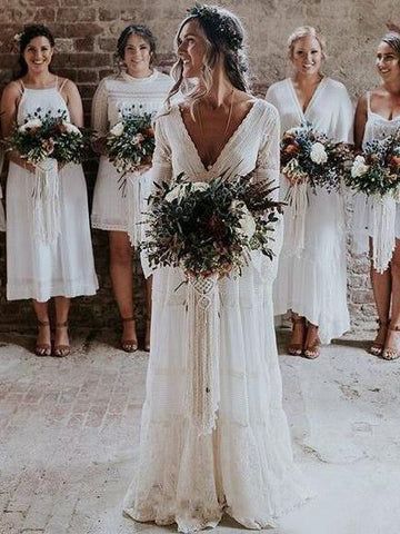A-line V neck Long Sleeve Wedding Dress Rustic Boho Wedding Dress WD516