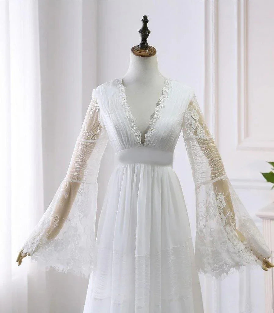 Vestido de Novia de Manga Larga con Cuello en V Línea A Rústico Bohemio