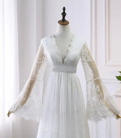 A-line V neck Long Sleeve Wedding Dress Rustic Boho Wedding Dress WD516
