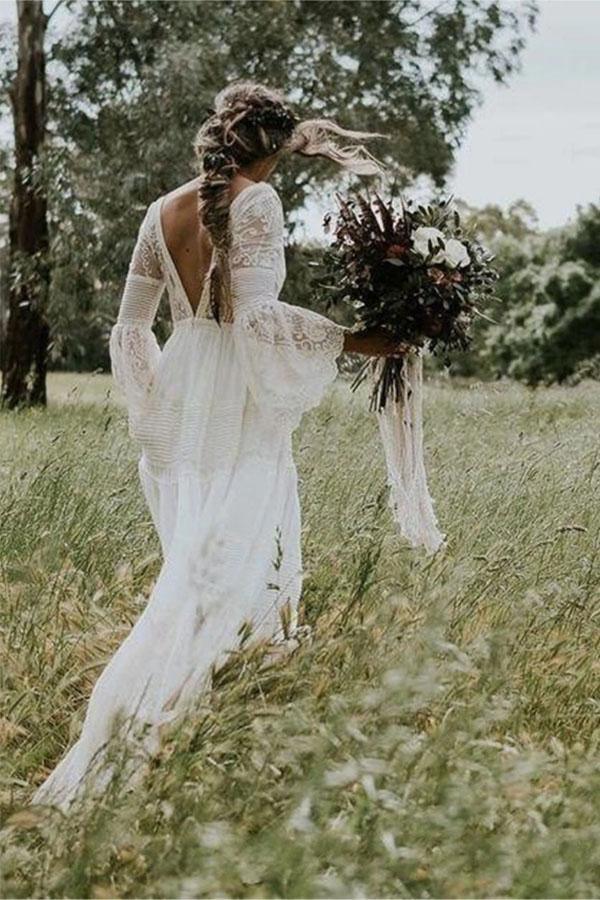 Vestido de Novia de Manga Larga con Cuello en V Línea A Rústico Bohemio