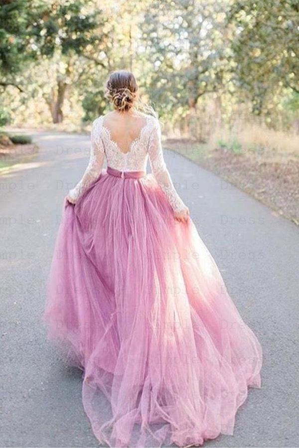 A-Linien-Brautkleid mit V-Ausschnitt, langen Ärmeln, rosa Tüll und Spitzenapplikationen