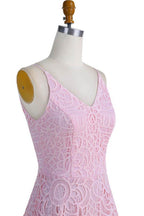 A-Linien-Brautjungfernkleid/Abendkleid/Schulballkleid aus perlmuttrosa Spitze mit V-Ausschnitt BD053