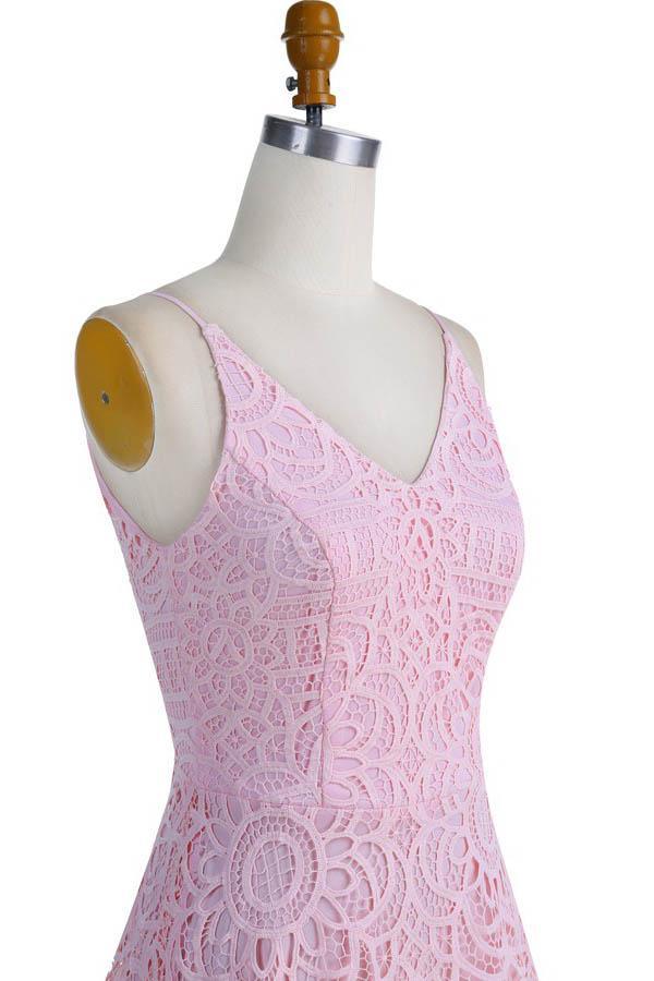 Vestido de dama de honor, baile de graduación y regreso a casa con escote en V y encaje rosa perla BD053