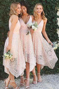 A-Linien-Brautjungfernkleid/Abendkleid/Schulballkleid aus perlmuttrosa Spitze mit V-Ausschnitt BD053
