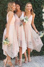 A-Linien-Brautjungfernkleid/Abendkleid/Schulballkleid aus perlmuttrosa Spitze mit V-Ausschnitt BD053