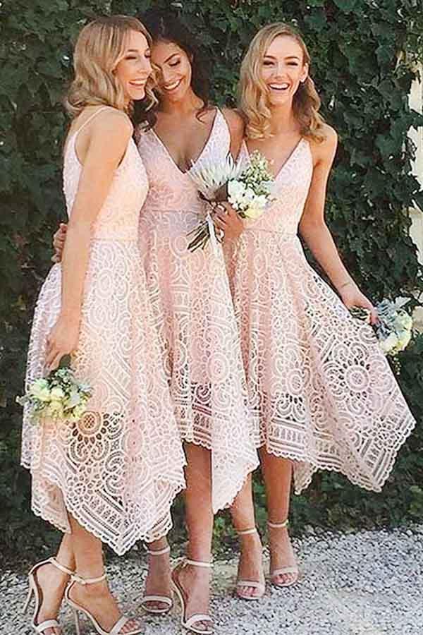 Vestido de dama de honor, baile de graduación y regreso a casa con escote en V y encaje rosa perla BD053