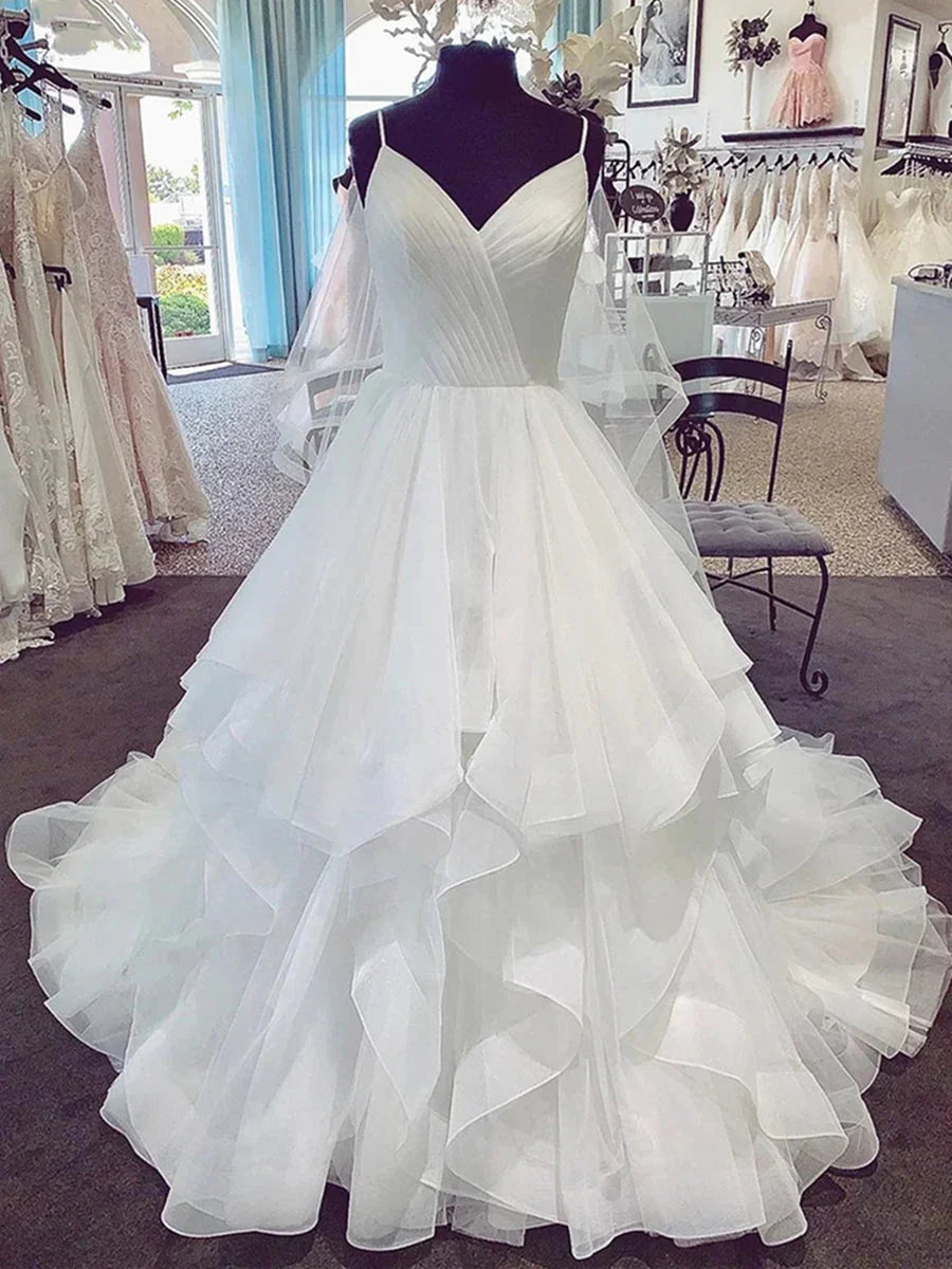 Vestidos de Novia Largos Acampanados con Escote en V, Tirantes Espagueti y Mangas Abullonadas
