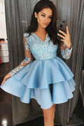 A-Line V-Neck Tiered Satin Homecoming Dress with Appliques