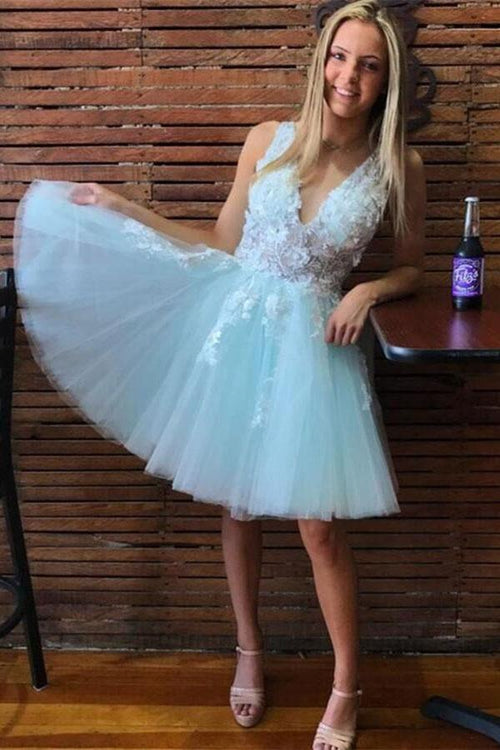 A-line V Neck Tulle Short Homecoming Dress Short Prom Dress