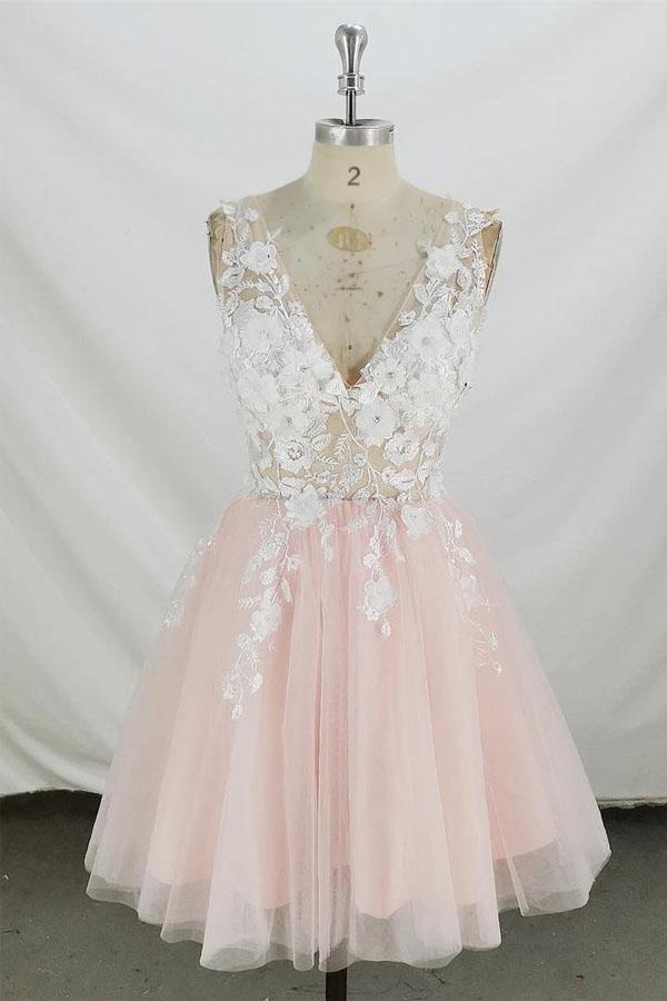 Vestido de fiesta corto de tul escote en V línea A