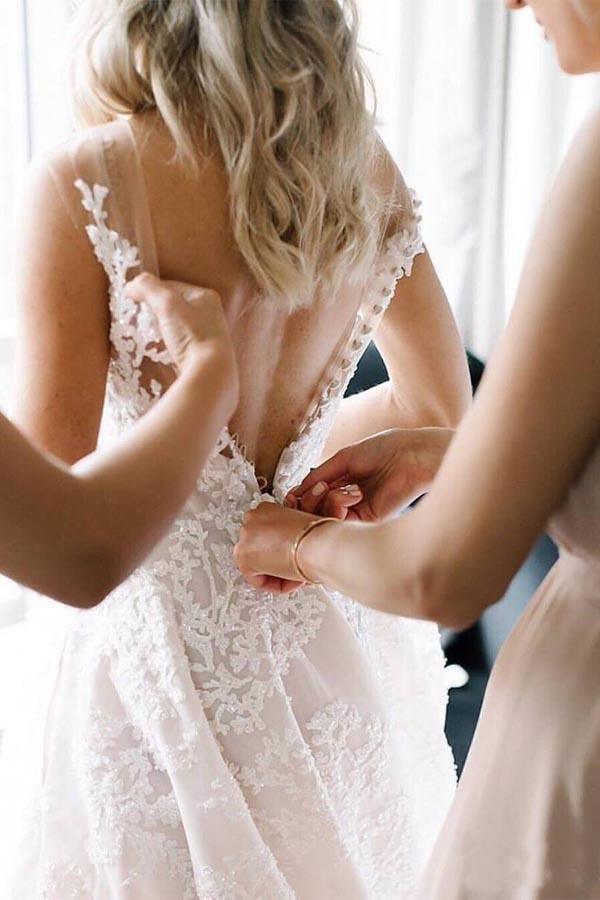 Vestidos de novia de encaje vintage corte A Vestidos de novia con cuello ilusión