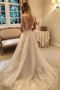 Vestidos de novia rústicos vintage línea A con cuello en V y encaje con abalorios