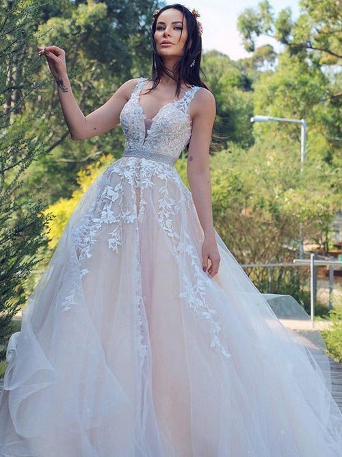 A-Line/Princess Applique Tulle Sleeveless V-neck Sweep Train Dresses