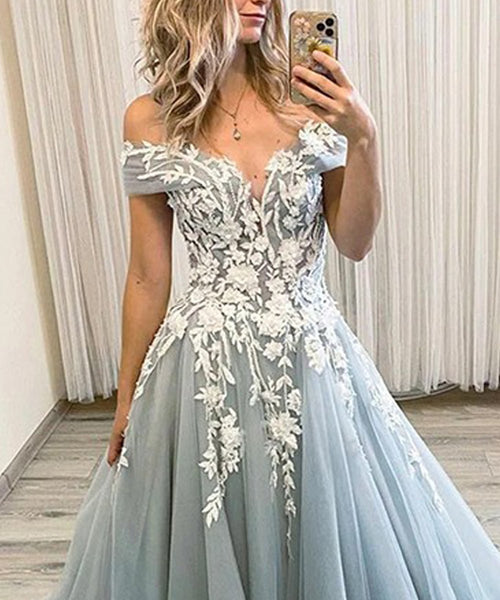 A-Line Tulle Applique Off-the-Shoulder Sleeveless Sweep/Brush Train Dresses