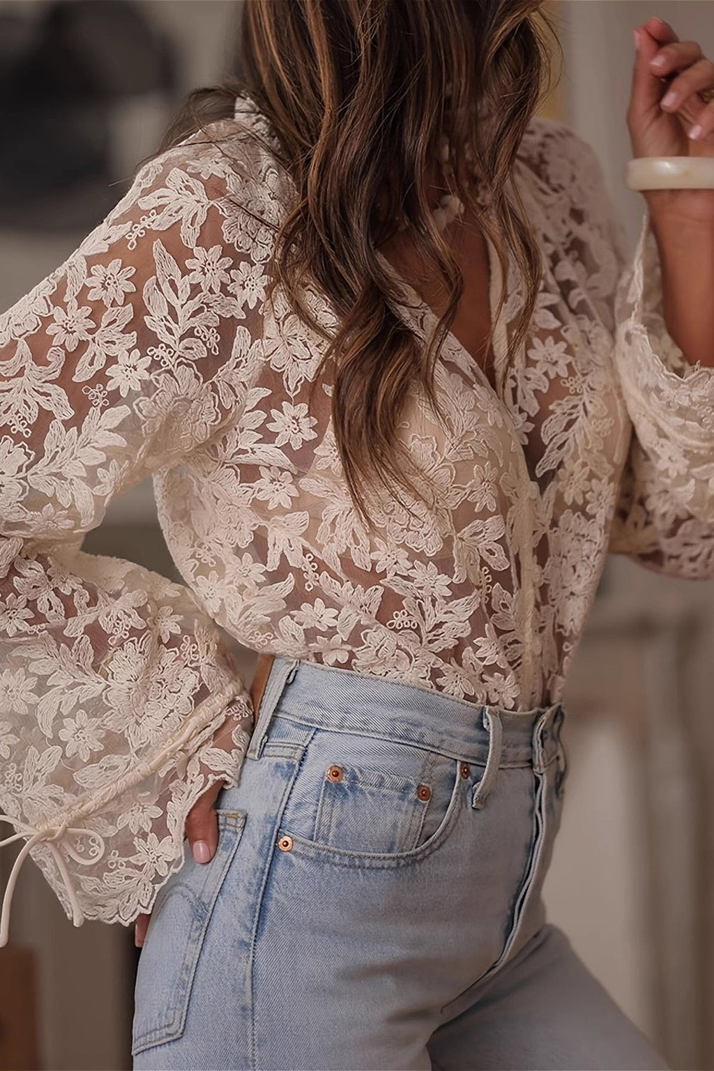 Hollow Out Tie Casual Lace Blouse