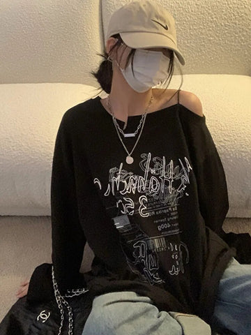 Y2K T-shirt Fairy Grunge 2024 Vintage Letter Print Tops Black Autumn Off Shoulder Long Sleeved Korean Tees Loose Harajuku Shirt