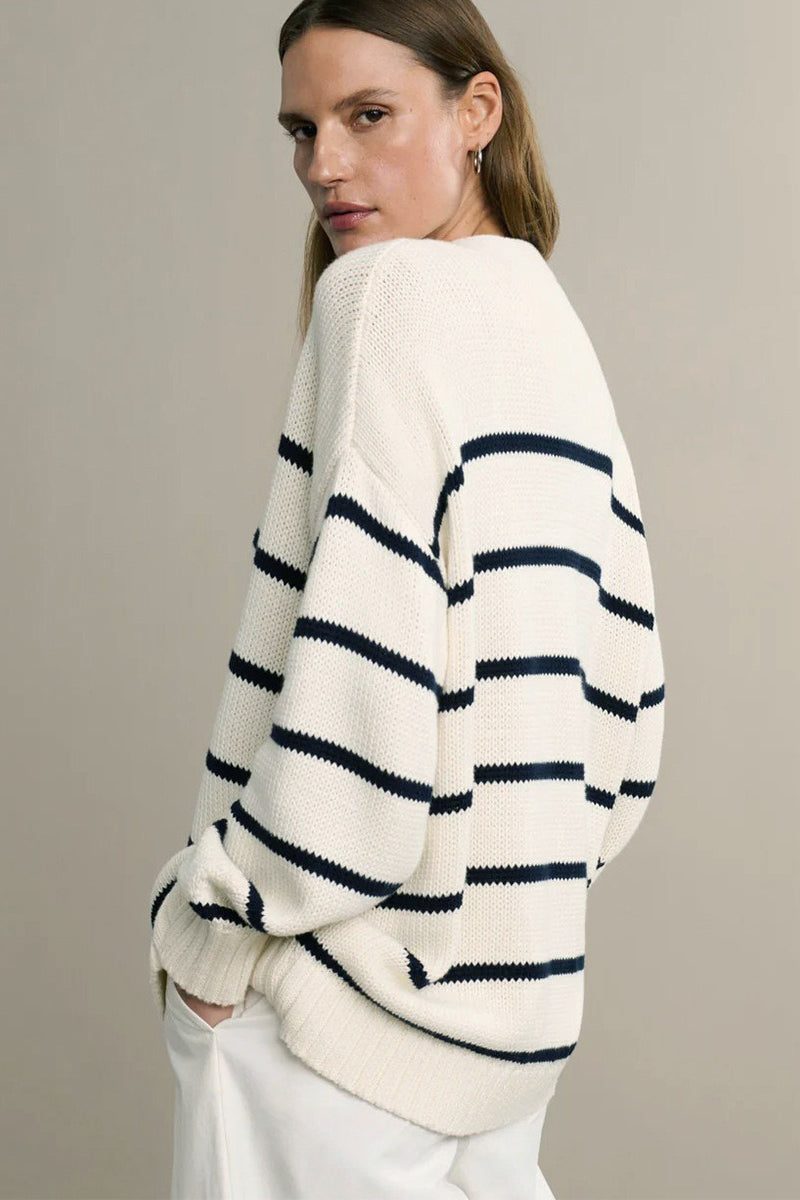 Flattering Striped V Neck Relaxed Knit Cardigan