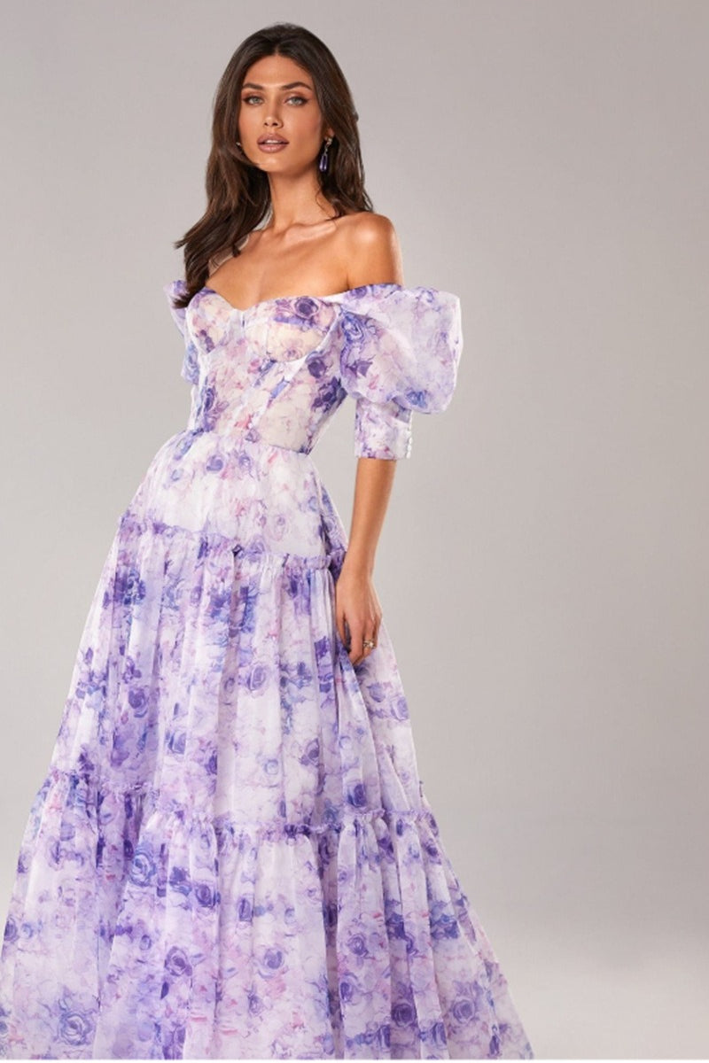 Floral Print Off Shoulder Puff Sleeve Organza Maxi Dress