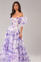 Floral Print Off Shoulder Puff Sleeve Organza Maxi Dress