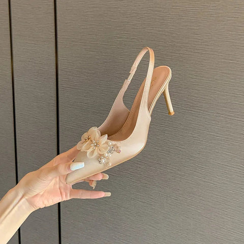 New Silk Champagne High Heels Thin Heels Pointed Toe Shallow Mouth  Back Hollow French Sandals Pearl Flower Wedding Shoes