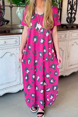 V Neck Side Split Leopard Maxi T-shirt Dress