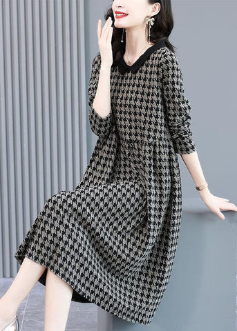 Original Design Black Peter Pan Collar Plaid Knit Sweater Dress Long Sleeve