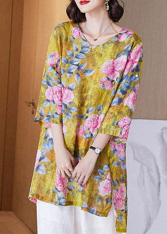 Bio-Leinenoberteil mit Rundhalsausschnitt und Armbandärmeln in Gelb 