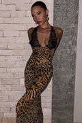 Lace Print Deep V Backless Cami Maxi Dress
