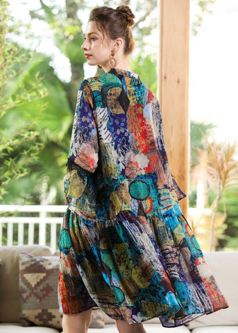 Modernes blaues Chiffon-Partykleid mit V-Ausschnitt und Patchwork-Print und Armbandärmeln 