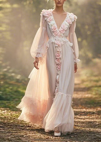 Vestidos de gasa con cuello en V, decorados con flores y patchwork arrugado para primavera 