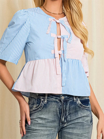 Striped Tie-Up Short Sleeve Blouse