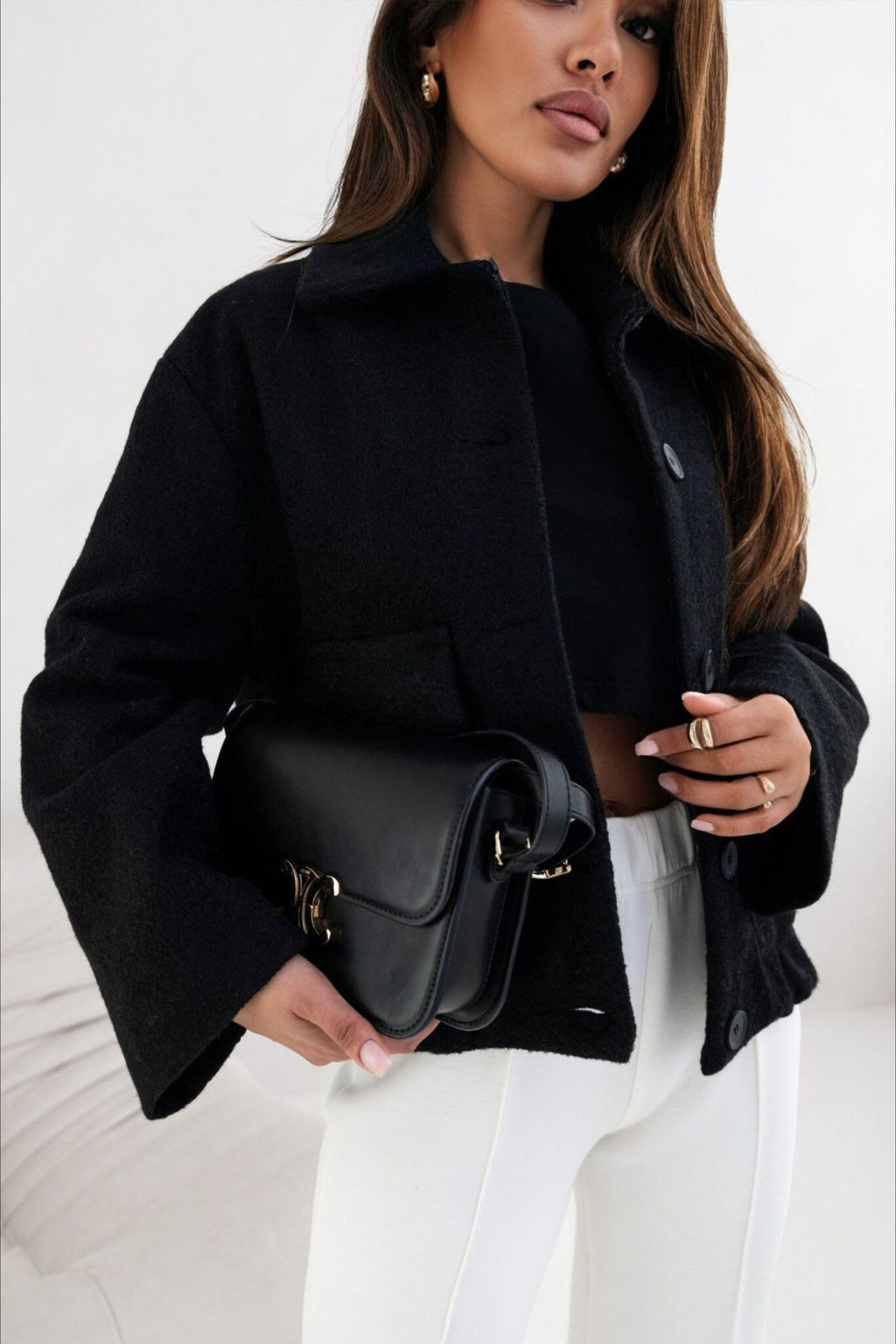 Trendy Solid Wool Pocket Elastic Snap Coat